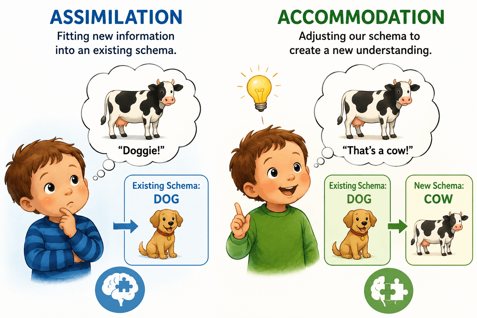 A flowchart illustrating the cognitive concepts of schemas, assimilation, and accommodation using a child's understanding of dogs and cows.